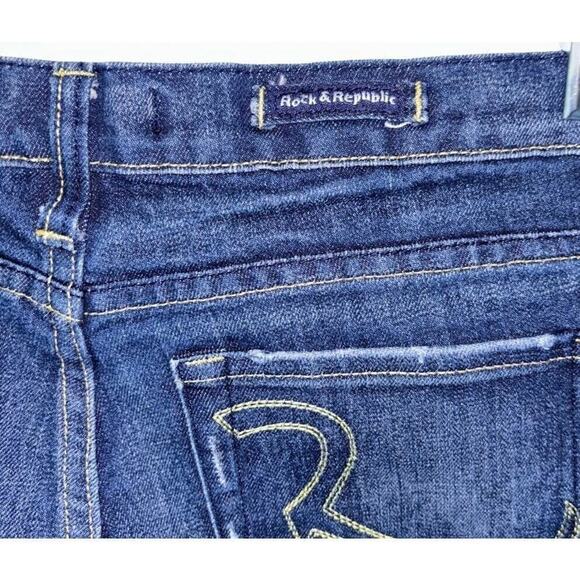 Rock & Republic Jeans Women Sz30 Blue Flare Wide Boot Cut Leg Low Rise Dark Wash - Picture 6 of 8